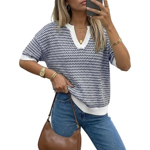 image:imageArachampCloz Womens 100 Cotton Polo V Neck Striped Short Sleeve Summer Casual Pullover Sweaters 2026Navy