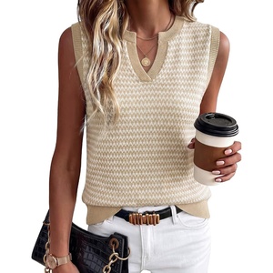 image:imageArachampCloz Womens 100 Cotton Regular Fit Polo V Neck Striped Sweater Vest Casual Tops 2026Apricot