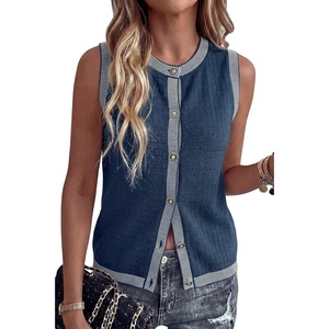 image:imageArachampCloz Womens 100 Cotton Crewneck Contrast Trim Button Front Sweater Vests 2026Navy