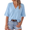 image:imageArachampCloz Womens Wool Blend Oversized Elbow Sleeve Summer Casual Cardigan  NonItchy Breathable Sweater VNeck Button Front Slit Hem Loose Fit Figure Friendly Weekend Travel Work OutfitsLight Blue