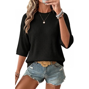image:imageArachampCloz Womens Summer 100 Cotton Oversized Crochet Tops 34 Length Sleeve Sweater Hollow Out Casual Blouses 2026Black