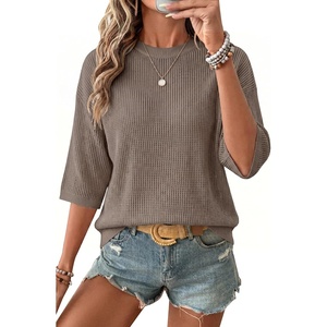 image:imageArachampCloz Womens Summer 100 Cotton Oversized Crochet Tops 34 Length Sleeve Sweater Hollow Out Casual Blouses 2026Coffee