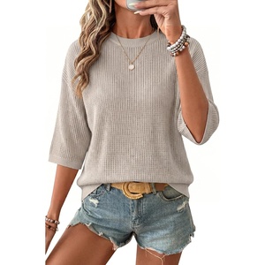 image:imageArachampCloz Womens Summer 100 Cotton Oversized Crochet Tops 34 Length Sleeve Sweater Hollow Out Casual Blouses 2026Grey