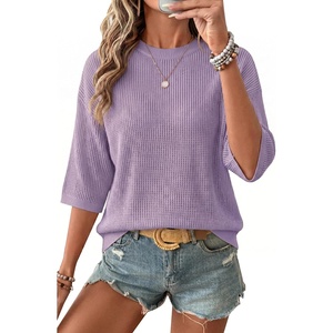 image:imageArachampCloz Womens Summer 100 Cotton Oversized Crochet Tops 34 Length Sleeve Sweater Hollow Out Casual Blouses 2026Purple