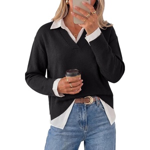 image:imageArachampCloz Womens Wool Blend Oversized 2 in 1 Fall Work Sweater Tops  Breathable amp Warm Long Sleeve Shirts Collared V Neck Faux Layered Top Curved Hem Loose Fit Business Casual Office AttireBlack