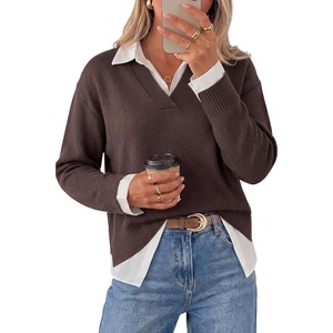 image:imageArachampCloz Womens Wool Blend Oversized 2 in 1 Fall Work Sweater Tops  Breathable amp Warm Long Sleeve Shirts Collared V Neck Faux Layered Top Curved Hem Loose Fit Business Casual Office AttireCoffee
