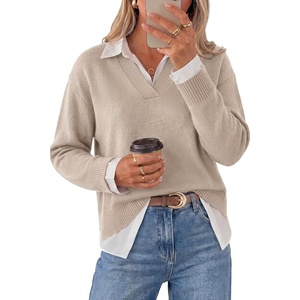 image:imageArachampCloz Womens Wool Blend Oversized 2 in 1 Fall Work Sweater Tops  Breathable amp Warm Long Sleeve Shirts Collared V Neck Faux Layered Top Curved Hem Loose Fit Business Casual Office AttireOatmeal