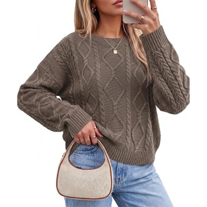 image:imageArachampCloz Womens Oversized Cropped Cable Knit Casual Sweater TopsCoffee