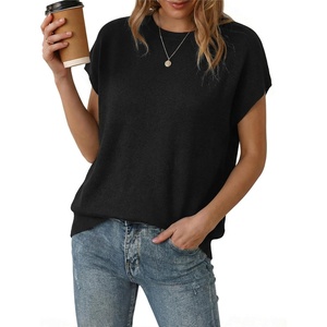 image:imageArachampCloz Womens Wool Blend Short Sleeve Oversized Sweater Work Casual Cap Sleeve Tops Summer 2026Black