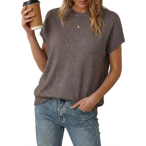 image:imageArachampCloz Womens Wool Blend Short Sleeve Oversized Sweater Work Casual Cap Sleeve Tops Summer 2026Coffee