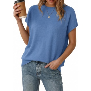 image:imageArachampCloz Womens Wool Blend Short Sleeve Oversized Sweater Work Casual Cap Sleeve Tops Summer 2026Lake Blue