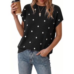 image:imageArachampCloz Womens Wool Blend Short Sleeve Oversized Sweater Work Casual Cap Sleeve Tops Summer 2026Polka Dotblack