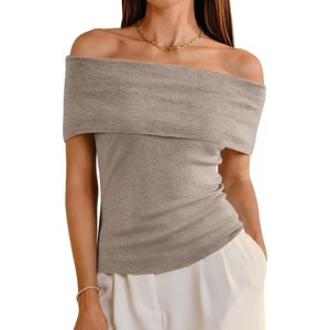 image:imageArachampCloz Womens Convertible Neckline OffShoulder Cowl Neck Slim Fit Tops 2025Camel