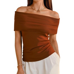 image:imageArachampCloz Womens Convertible Neckline OffShoulder Cowl Neck Slim Fit Tops 2025Caramel