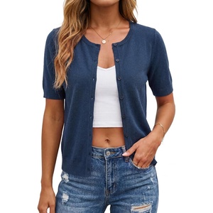 image:imageArachampCloz Womens Wool Blend Cropped Lightweight Short Sleeve Summer Business Casual Cardigan TopsAdark Blue
