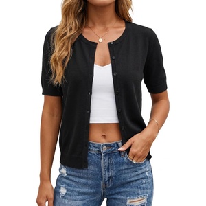 image:imageArachampCloz Womens Wool Blend Cropped Lightweight Short Sleeve Summer Business Casual Cardigan TopsBlack