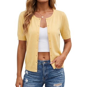 image:imageArachampCloz Womens Wool Blend Cropped Lightweight Short Sleeve Summer Business Casual Cardigan TopsCream Yellow