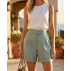 image:imageArachampCloz Womens Linen Blend Wide Leg Business Casual Dressy Shorts  Linen Blend pleated Detail FoldOver Hem High Waisted Dressy Shorts Teacher Business Casual Work Outfits Summer 2026Gray Green