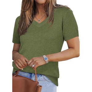 image:imageArachampCloz Womens Wool Blend Short Sleeve Summer Business Casual Sweater  LightweightampSoft Fabric Breathable Top VNeck Regular Fit Office Wear Teacher Outfits Fall Capsule Wardrobe 2026Army Green