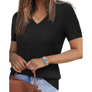 image:imageArachampCloz Womens Wool Blend Short Sleeve Summer Business Casual Sweater  LightweightampSoft Fabric Breathable Top VNeck Regular Fit Office Wear Teacher Outfits Fall Capsule Wardrobe 2026Cableblack02